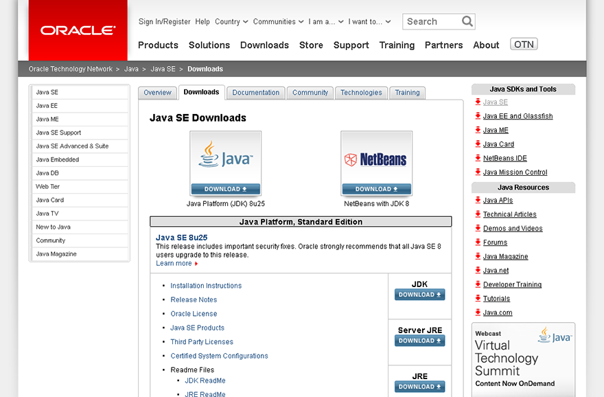 Oracle の US サイトの JDK(Java SE)のダウンロードページ